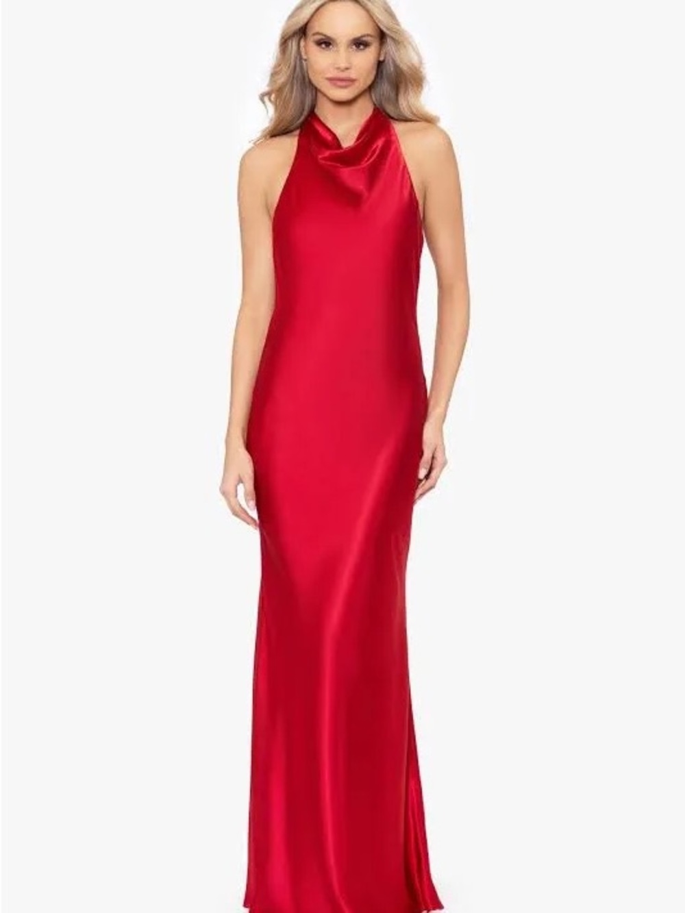 Betsy & Adam Red Satin Halter Maxi Gown